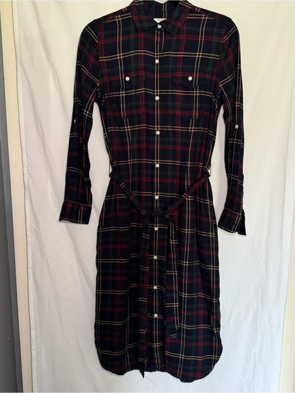 UNTUCKit Parker Plaid Midi Shirt Dress Navy Blue Red Size 2 Like New